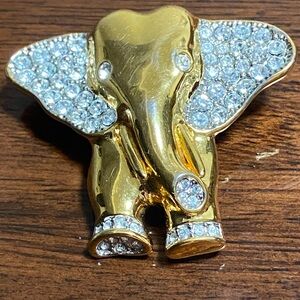 Vintage 1990s Polished Gold Crystal Elephant Brooch/Pin
